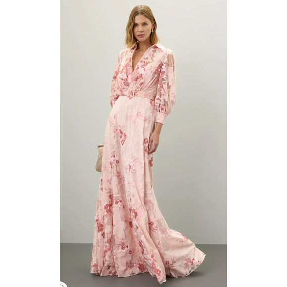 Badgley Mischka Dresses & Skirts - Badgley Mischka Blush Pink Floral V‑Neck Maxi Dress